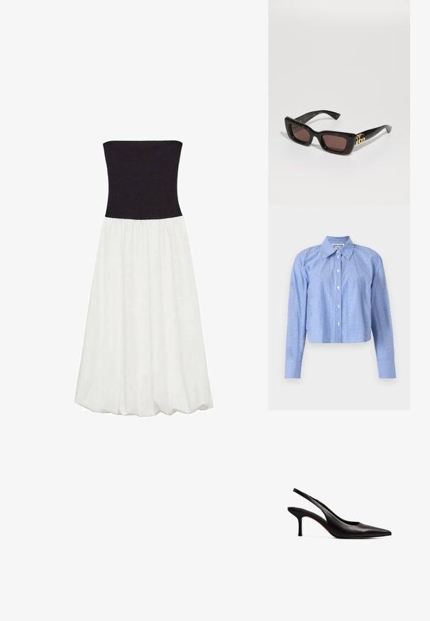 Cropped button-up shirt in light blue and white stripes, featuring a spread collar and horizontal thread detailing throughout.; Strapless dress featuring a black bodice and flowing white skirt. The fabric is smooth with a gathered waist seam, creating a contrasting color block.; NA-KD Classic heels - black; Black tortoiseshell sunglasses with rectangular lenses, brown tint, thick frame, and gold double-G logo detail on the temple.; Gold-tone hoop earrings with a tortoiseshell-patterned resin outer edge, featuring a smooth finish and a sleek, circular shape.