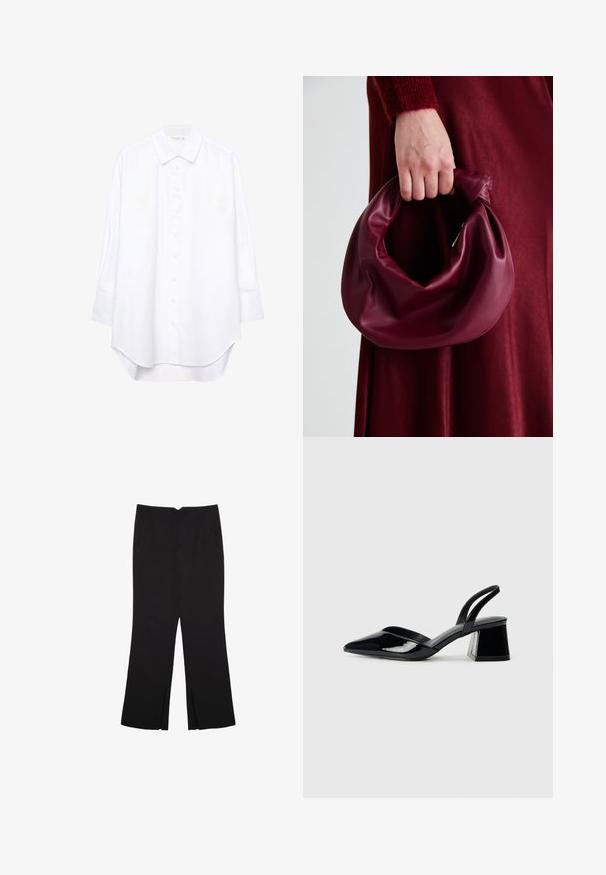 Biela košeľa s dlhým rukávom a zapínaním na gombíky, s ostrým golierom a zakriveným lemom, vystavená na jednoliatom pozadí.; Čierne nohavice so strihom rovného strihu, s prednými vreckami a bočnými rozparkami na leme. Vyrobené z mäkkej, hladkej tkaniny. Vhodné na rôzne príležitosti.; Čierne lakované kožené sandálové podpätky s špicatou špičkou a geometrickým blokovým podpätkom. Disponujú elegantným, minimalistickým dizajnom a hladkým povrchom.; Burgundská kožená kabelka s mäkkým, zhromaždeným dizajnom a zaobleným tvarom. Rukoväť je pevne zaisťujúca a vystavuje hladkú textúru.