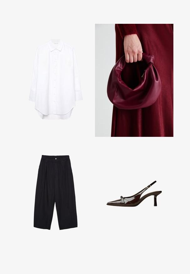 Bílá košile s dlouhým rukávem a zapínáním na knoflíky, s špičatým límcem a zakulaceným lemem, vystavená na jednobarevném pozadí.; Černé polyesterové culotte kalhoty s elastickým pasem, dvěma předními sklady a volným siluetou. Žádné viditelné vzory ani kovové detaily.; Hnědé lakované sandály s špičatou špičkou, nízkým podpatkem a dekorativní mašlí na přední části. Hladký, lesklý povrch.; Burgundská kožená kabelka s měkkým, nabíraným designem a zaobleným tvarem. Ucho je zajištěné a vykazuje hladkou texturu.