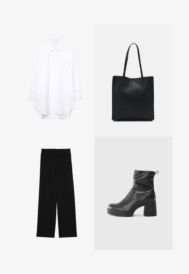 Biela košeľa s dlhým rukávom a zapínaním na gombíky, s ostrým golierom a zakriveným lemom, vystavená na jednoliatom pozadí.; Čierne široké nohavice s volánovým pásom, obsahujúce dve bočné vrecká a hladký, ľahký materiál. Žiadne viditeľné vzory ani kovové príslušenstvo.; Čierne členkové topánky z hladkej kože, so bočným zipsom, robustnou textúrovanou pätnou časťou a zaobleným dizajnom špičky.; Čierna kožená taška na rameno s hladkým povrchom, obdĺžnikovým tvarom a dvoma dlhými uchami. Bez viditeľného kovania alebo ozdôb.