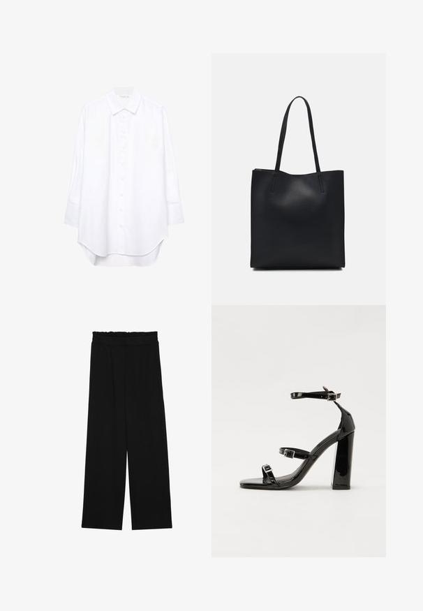 White long-sleeve button-up shirt with a pointed collar and curved hem, displayed against a plain background.; Black wide-leg trousers with a ruffled waistband, featuring two side pockets and a smooth, lightweight fabric. No visible patterns or hardware.; Black patent heeled sandals with a square toe, ankle straps, and silver buckles. Features a chunky block heel for stability.; Black leather tote bag with smooth texture, rectangular shape, and two long handles. No visible hardware or embellishments.
