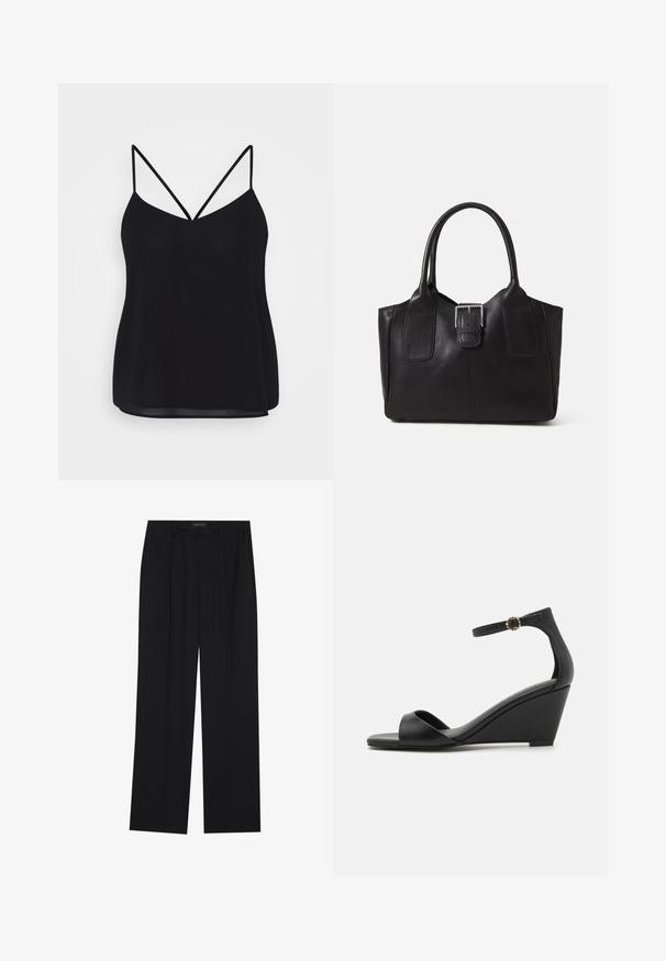 Czarna koszulka na ramiączkach z regulowanymi cienkimi paskami, dekoltem w kształcie litery V i gładkiego, lekko przezroczystego materiału. Casualowy design z luźnym krojem.; Czarne spodnie o prostym kroju nogawek, z dwoma przednimi kieszeniami i paskiem w talii. Wykonane z gładkiego, lekkiego materiału.; Czarne sandały na koturnie z gładką, matową skórzaną cholewką, otwartym nosem i cienkim paskiem wokół kostki z ozdobną klamrą.; Czarna skórzana torba tote o gładkiej fakturze, usztywnionym kształcie, dwóch uchwytach oraz wyraźnym srebrnym zapięciu na przodzie.; Złote kolczyki w kształcie obręczy o gładkim, zaokrąglonym wzornictwie. Posiadają małe zapięcie na zawias, lekką konstrukcję i błyszczące wykończenie.