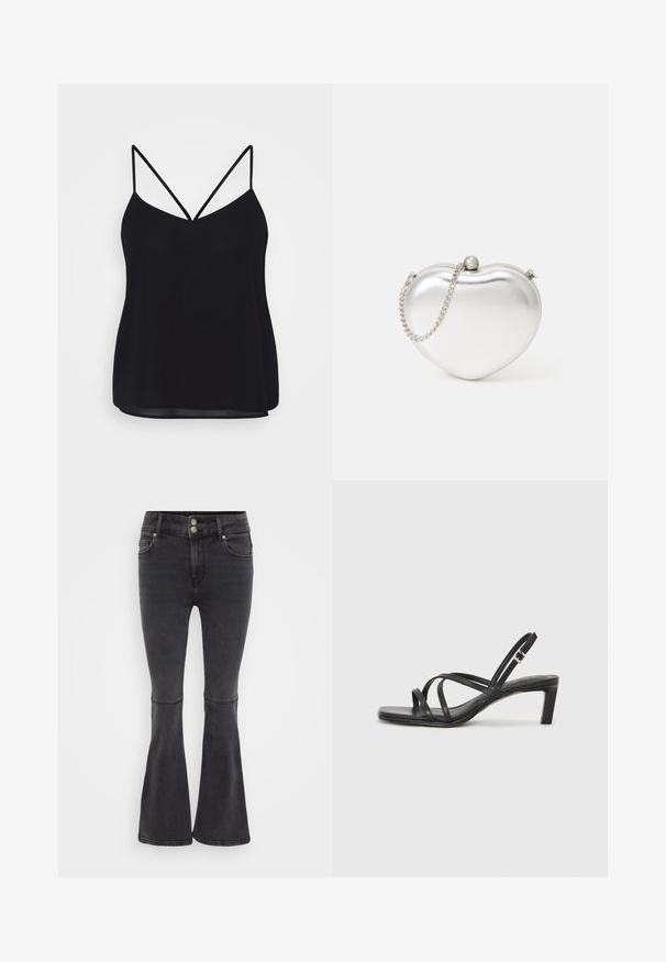 Črna naramnica s prilagodljivimi tankimi trakovi, V-izrezom in gladkim, rahlo prosojnim materialom. Prijetna zasnova z sproščenim krojem.; Črne široke kavbojke iz denima, z visokim pasom, dvojno zapiranje na gumb in sprednjimi žepi z urejenim robom.; Črne natikače s trakovi in kvadratnim prstom ter nizkim blokastim peto. Imajo več tankih trakov in nastavljiv trak okoli gležnja. Narejene so iz gladkega usnja.; Kovinska srebrna torbica v obliki srca z gladko teksturo, zapiralom na klip, in srebrnim verižnim trakom.