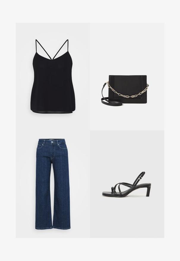 Zwarte tanktop met verstelbare dunne bandjes, V-hals en een gladde, licht doorzichtige stof. Casual ontwerp met een losse fit.; Donkerblauwe wijde spijkerbroek van denim, met een medium taille, twee zakken aan de voorkant en gestikte details langs de naden.; Zwarte sandaal met bandjes, vierkante teen en een lage blokhak. Voorzien van meerdere dunne bandjes en een verstelbare enkelband. Gemaakt van zacht leer.; Zwarte leren schoudertas met een gladde textuur, rechthoekige vorm en een metallic kettingdetail aan de voorkant. Verstelbare schouderband inbegrepen.