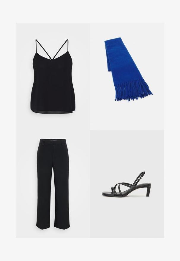Svart cami med justerbare tynne stropper, V-hals og et glat, litt gjennomsiktig stoff. Uformell design med en avslappet passform.; Sorte vide bukser med en glat tekstur, der har en flad talje og sidelommer, designet med en minimalistisk æstetik.; Sorte sandaler med stropper, firkantet tå og lav blokk hæl. Har flere tynne stropper og en justerbar ankelstropp. Laget av glatt lær.; Blå vevd skjerf med duskete ender, glatt tekstur, rektangulær form og jevn farge gjennomgående. Egnet for kaldt vær.