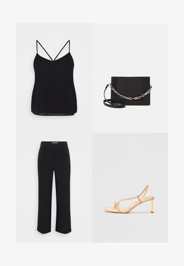 Črna naramnica s prilagodljivimi tankimi trakovi, V-izrezom in gladkim, rahlo prosojnim materialom. Prijetna zasnova z sproščenim krojem.; Črne široke hlače z gladko teksturo, z ravnim pasom in stranskimi žepi, zasnovane v minimalističnem slogu.; Zlati sandali na visokem petu s trakovi, okrašeni trakovi, kvadratna konica in tanek blok peto za stabilnost.; Črna usnjena torba čez ramo z gladko teksturo, pravokotno obliko in kovinskim verižnim detajlom spredaj. Vključena je nastavljiva naramnica.; Črn smolnati zapestnica z gladko, sijočo površino in zaobljenimi robovi. Ima majhen zlat "Pilgrim" logotip na notranji strani.