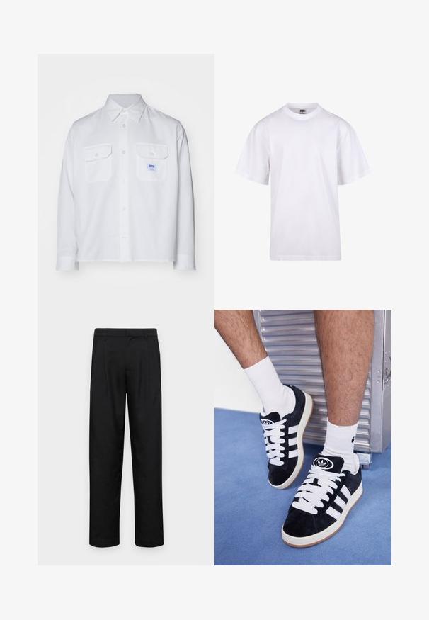 Balta ilgomis rankovėmis marškiniai, pagaminti iš medvilnės, su dviem krūtinės kišenėmis ir mygtukų apykakle. Kairėje kišenėje yra mažas mėlynas prekės ženklo etiketė.; Balta medvilnės marškinėliai su apvaliu iškirpimu, trumpomis rankovėmis ir laisvu siluetu. Turi paprastą dizainą be raštų ar akcentų.; Juodi kelnių modeliai, pagaminti iš lygios medžiagos, turi tiesią kojas, du priekiniai klostės ir standartinę juosmenį su diržo kilpomis.; Juodos zomšos sportbačiai su baltais raišteliais ir trimis baltais dryžiais. Ant liežuvėlio yra apvalus juodas logotipas, o pado medžiaga – guminė.