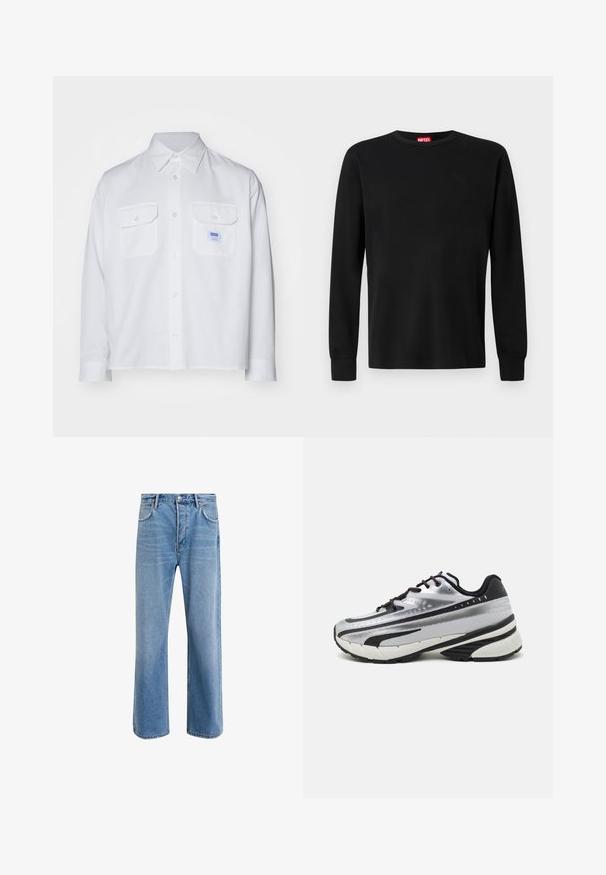 Hvit langermet skjorte laget av bomull, med to brystlommer og krage med knapper. Inkluderer en liten blå merkeetikett på venstre lomme.; Svart langermet t-skjorte laget av mykt stoff, med rund hals og en subtil logo i svart på brystet. Enkelt design, normal passform.; Lys blå denimjeans med rett ben-design, fem lommer, knappeåpning, minimal falming og kontrasterende sømdetaljer.; Løpesko med sølvfarget mesh-overdel, svarte detaljer og hvit såle. Har strukturert design og svarte snørebånd. Lettvektig og godt dempet.