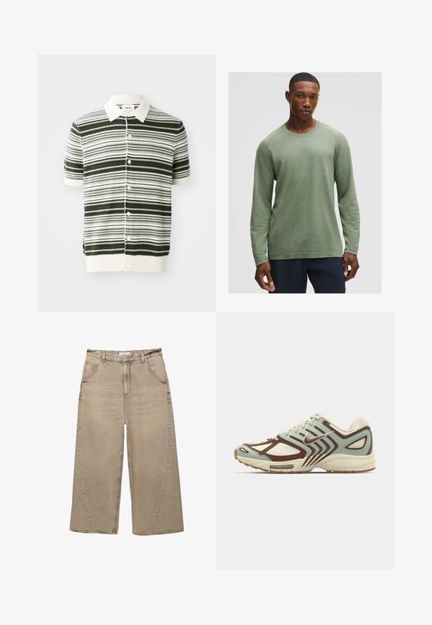 Korte mouwen gebreide poloshirt in wit, groen en bruine strepen. Heeft een kraag, knoopsluiting aan de voorkant en ribgebreide onderrand en mouwen.; Langsleeve shirt in gedempt groen met een textuurpatroon, ronde halslijn en raglanmouwen, gemaakt van zachte, lichte stof.; PULL&BEAR MEGA BAGGY - Baggy jeans - light grey; Lichtblauwe en bruine sneaker met een gestructureerd mesh bovenwerk, gelaagd ontwerp, reflecterende accenten en een gevoerde crèmekleurige tussenzool.