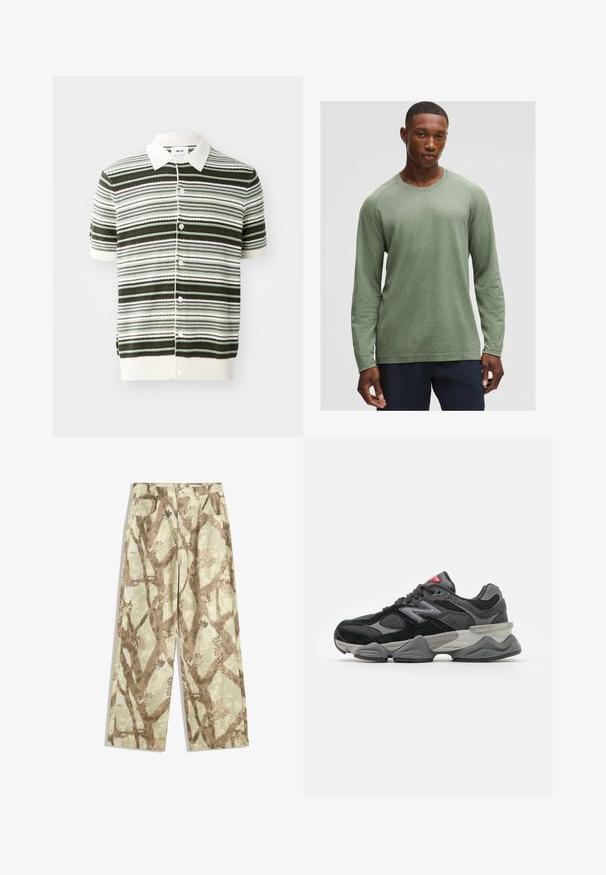Cămașă polo tricotată cu mânecă scurtă, în dungi albe, verzi și maronii. Se caracterizează printr-un guler, un sistem de închidere cu butoane și un tiv și mâneci ribbate.; Cămașă cu mânecă lungă de culoare verde estompată, cu un model texturat, guler rotund și mâneci raglan, fabricată dintr-un material moale și ușor.; Pantaloni dintr-un material ușor, de nuanță verde deschis, cu un model de crengi de copac maronii, design cu picioare largi și două buzunare frontale.; Adidași negri și gri cu un amestec de material din suede și plasă, talpă groasă, logo proeminent și accente roșii pe limbă.