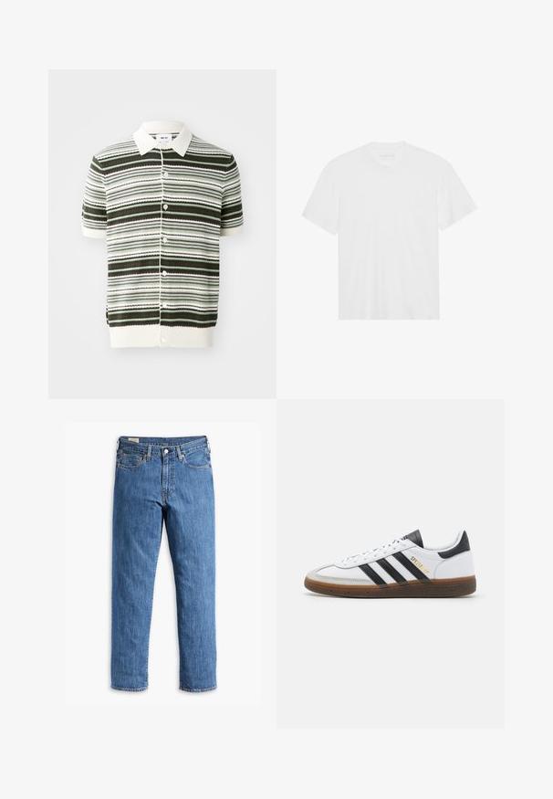 Pletená polo košile s krátkým rukávem v bílých, zelených a hnědých pruzích. Má límeček, zapínání na knoflíky a žebrovaný spodní lem a rukávy.; Bílý bavlněný tričko s krátkým rukávem, kulatým výstřihem a rovním spodním lemem. Hladká textura, minimalistický design bez vzorů nebo akcentů.; Modré džínové kalhoty s rovně střiženými nohavicemi, měděnými nýty a designem s pěti kapsami. Funkce zahrnují šitý lem a klasický pas s poutky na opasek.; Bílé kožené tenisky s černými semišovými akcenty, třemi černými pruhy, béžovou gumovou podrážkou a zlatým označením "SPEZIAL" na boku.