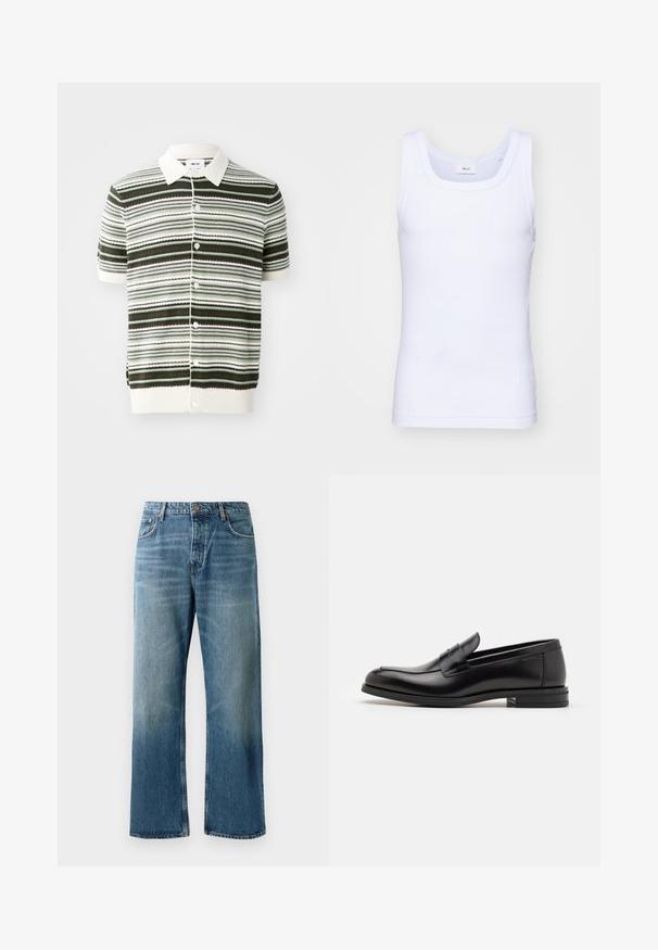 Rövid ujjú kötött póló ing fehér, zöld és barna csíkokkal. Hűvös gallér, gombos elülső rész, valamint bordázott szélek és ujjak jellemzik.; Fehér pamut ujjatlan trikó kerek nyakkivágással, sima textúrával és testhezálló fazonnal, amelyet hétköznapi viseletre terveztek.; Világoskék, széles szárú farmer, elhasználódott mosással, egy gombos záródással, öt zsebbel és kontrasztos varrással.; Fekete bőr loaferek sima textúrával, kerek orral és dekoratív pánttal a vampnál. Alacsony, rétegelt sarkú, minimalista dizájn.