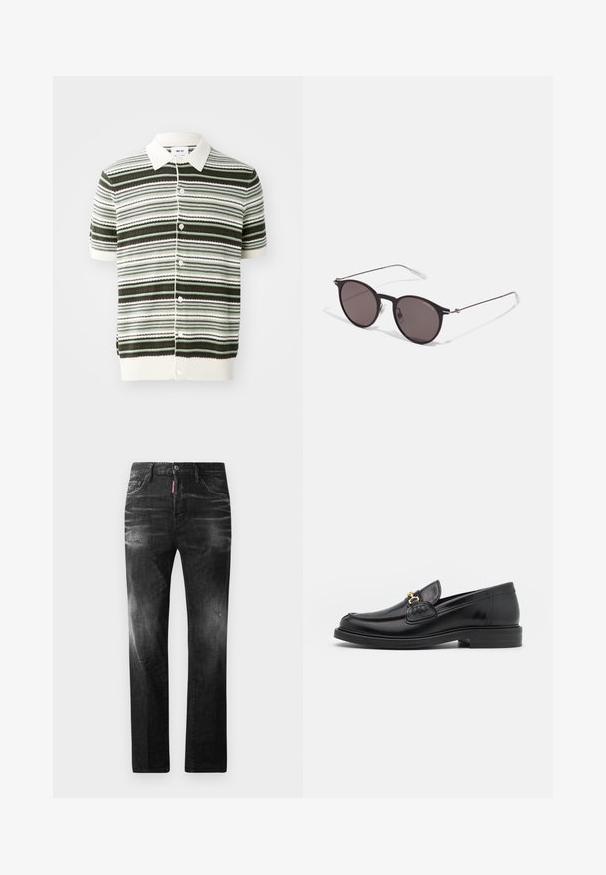 Polo shirt a maniche corte in maglia con strisce bianche, verdi e marroni. Presenta un colletto, chiusura con bottoni e orlo e maniche a costine.; T-shirt in cotone nero con scollatura rotonda, maniche corte e logo "EMPORIO ARMANI" in bianco sopra "Milano" in una disposizione curva.; Jeans in denim nero con vestibilità dritta. Presentano aree sbiadite, leggeri segni di usura, classico design a cinque tasche e chiusura con bottone.; Mocassini in pelle nera con punta rotonda, dotati di accentuazione in metallo dorato e dettagli di cucitura, posizionati su una suola in gomma testurizzata bassa.; Occhiali da sole neri rotondi con lenti scure e sottili bracci in metallo. Include punte trasparenti e accenti argentati alla cerniera. Design minimalista.