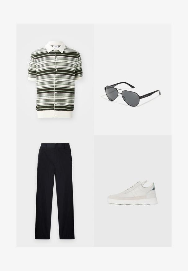 Īsām piedurknēm adīta polo krekls baltā, zaļā un brūnā svītrā. Tam ir apkakles kakls, pogu priekšpuse un ribota apakša un piedurknes.; Melni bikses ar vieglu, teksturētu audumu, taisnu kāju dizainu, elastīgu jostu un sānu rāvējslēdzēju kabatām.; Baltas ādas sporta apavi ar pelēka zamšādas akcentiem, saistoša dizaina, ar vilkšanas cilpu un teksturētu gumijas zoli, kas raksturojas ar zigzag rakstu.; Melni aviator stila saulesbrilles ar tumšiem stikliem, plānu metāla rāmi un slaidām plastmasas kājām, kas rotātas ar logo akcentiem.