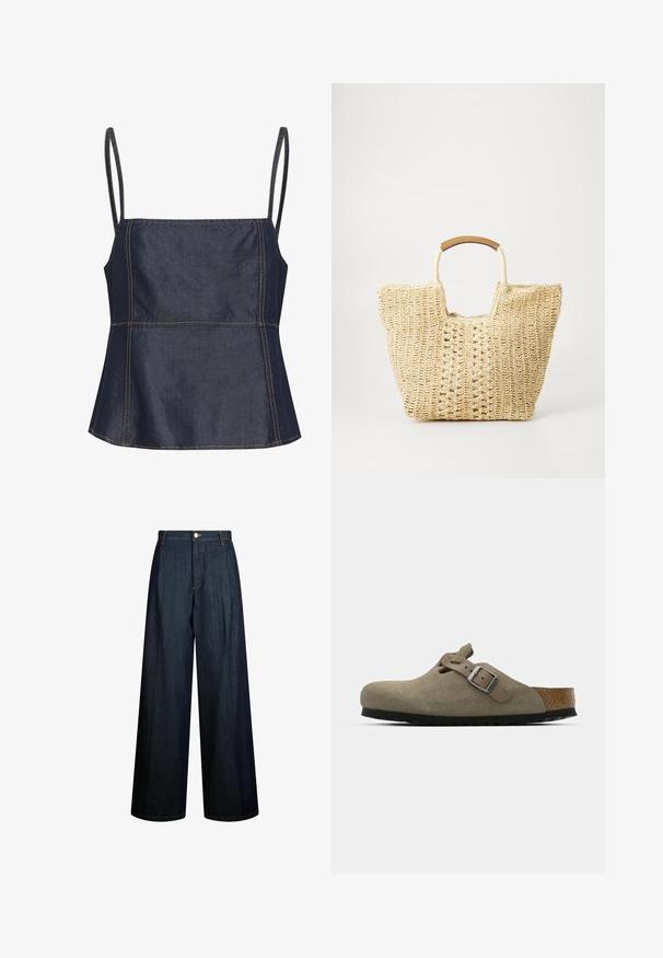 Top sin mangas de denim oscuro con escote cuadrado, secciones angulares y acentos de costura visibles. Textura plana y suave.; Jeans de pierna ancha hechos de denim azul oscuro, con una cintura alta, costuras visibles y cierre de botón en la parte delantera. Diseño minimalista.; Zuecos de ante en un verde olivo claro con suela de corcho y goma moldeada. Cuenta con una correa lateral con una hebilla de metal y una puntera redondeada.; Bolso de paja trenzada de color beige natural, con una superficie texturada, abertura superior y asas cortas y curvadas de cuero marrón.