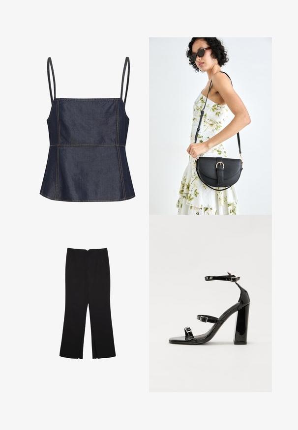 Ciemnoniebieska, bezrękawnikowa bluzka o kwadratowym dekolcie, z kanciastymi sekcjami i widocznymi przeszyciami. Płaska, gładka tekstura.; Czarne spodnie o prostym kroju, z przednimi kieszeniami i bocznymi rozcięciami na dole. Wykonane z miękkiego, gładkiego materiału. Odpowiednie na różne okazje.; Czarne lakierowane sandały na obcasie z kwadratowym noskiem, z paskami wokół kostki i srebrnymi klamrami. Posiadają masywny słupek dla stabilności.; Czarna skórzana torebka o zakrzywionym kształcie, z odpinanym paskiem i złotymi akcentami. Torebka posiada klapę z zapięciem w kształcie klamry.