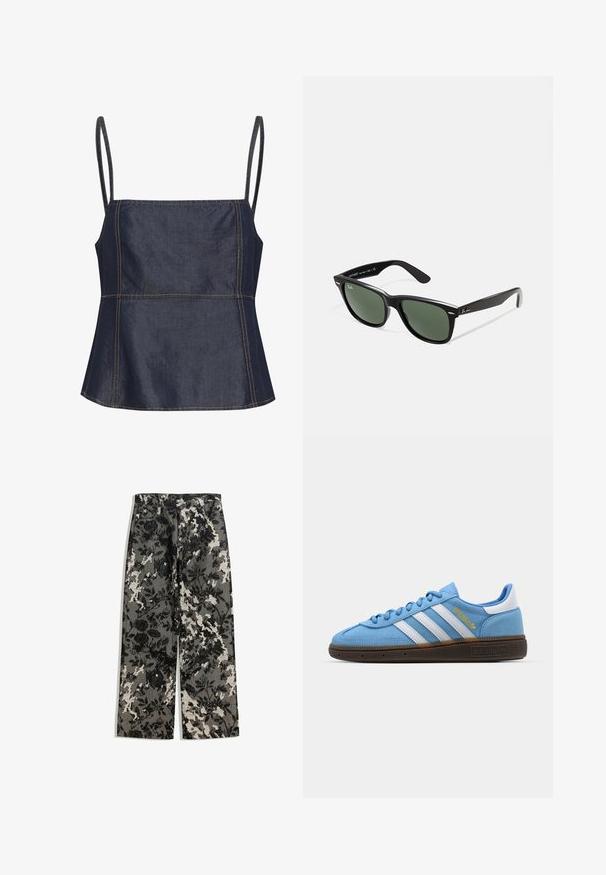 Tmavě modrý denimový top bez rukávů s čtvercovým výstřihem, ostrými částmi a viditelnými švy. Hladká, jemná textura.; Středně vysoké široké kalhoty s texturovaným černo-bílým květinovým vzorem na šedém pozadí, s klasickým pasem a předními kapsami.; Světle modré semišové tenisky s bílými koženými pruhy, hnědou texturovanou podrážkou a zlatým logem. Nízký design s zaoblenou špičkou.; Černé plastové sluneční brýle se zelenými skly, čtvercové obroučky, stříbrný detail na obočí a texturované stranice. Značka uvedená na vnitřní straně stranic.; Even&Odd Velká kabelka - black