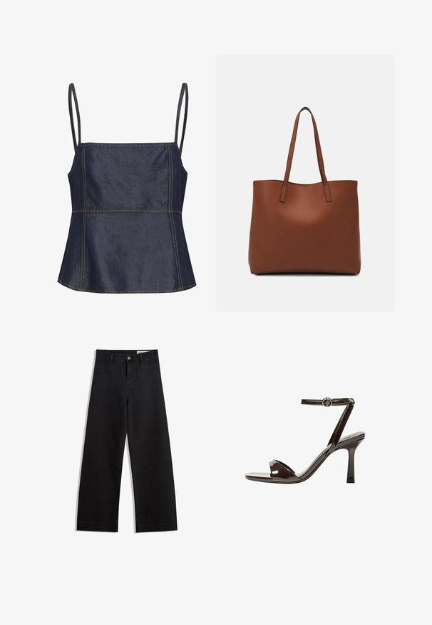 Sötét farmer anyagú, ujjatlan felső négyzet alakú nyakkivágással, szögletes részekkel és látható varrási díszítésekkel. Simább, sima textúra.; Fekete, bő szabású farmernadrág magas derékkal, elülső és hátsó zsebekkel, varrott felületekkel és gombos záródással. Sima textúra.; Barna lakkbőr magassarkú szandál, bokaheggyel, nyitott orral és letisztult, minimalista dizájnnal. Négyzet alakú sarokkal rendelkezik.; Barna bőr vászontáska sima textúrával, nyitott tetejű dizájnnal és két vállpánttal. Minimális varrással és látható hardver nélkül készült.