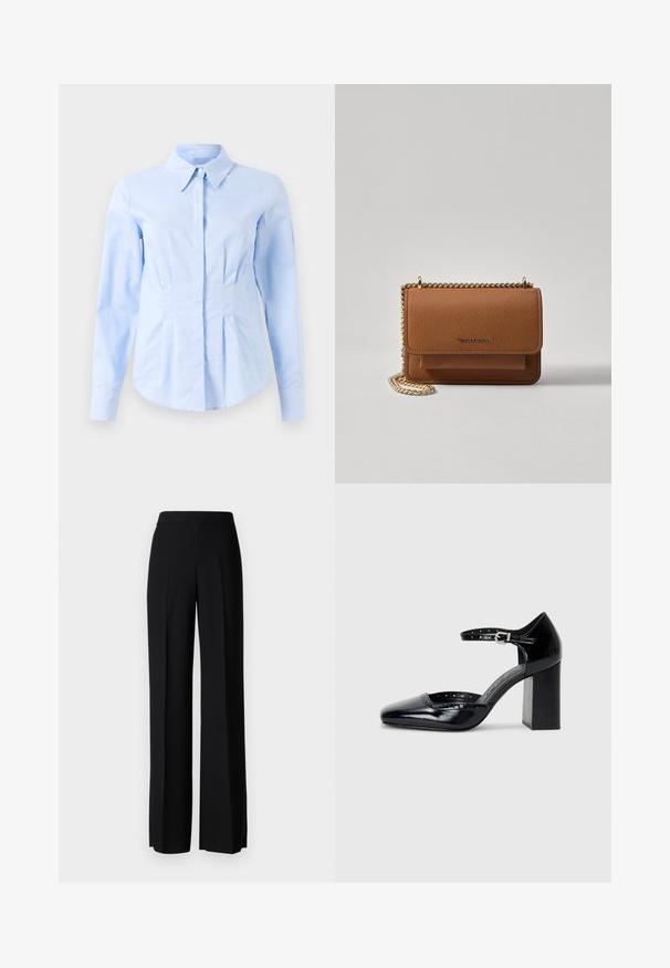 Világoskék, hosszú ujjú, fitted ing, hegyes gallérral és rejtett elől gombokkal, szabott derékkal és gombos mandzsettával.; Fekete, széles szárú nadrág sima tapintással, magas derékkal és középen pliszével. Nincsenek látható minták vagy fém részletek.; Fekete patent bőr, magas sarkú cipők négyzetes orral, bokapánttal és vastag sarkal. A szélén lyukacsos díszítéssel.; Barna textúrájú bőr keresztbody táska arany lánc pánttal és fedélzárral. Az elején logó részlet és egy zseb található a fedél alatt.