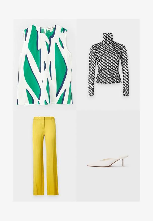 Ärmlös topp i lättviktsmaterial, med ett djärvt grönt och marinblått abstrakt mönster på vit bakgrund. Rund halsringning med en nyckelhålsöppning i ryggen.; Långärmad polotröja i genomskinligt svart tyg med ett upprepat mönster av vita kedjor. Figurnära design med subtila rynkdetaljer vid midjan.; Vida byxor i klargult, tillverkade av slät tyg. Har en framficka och skräddarsytt midjeband för ett strukturerat utseende.; Spetsig tå vit mule med en låg stilettklack. Tillverkad av mjukt material med en minimalistisk design och subtila bruna souldetaljer.