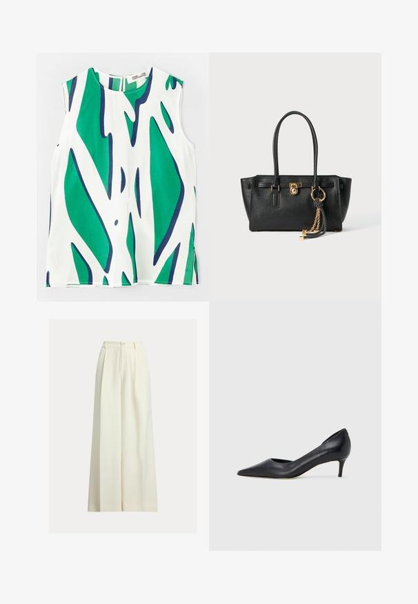 Sleeveless top in lightweight fabric, featuring a bold green and navy abstract pattern on a white background. Round neckline with a keyhole back.; Cream wide-leg trousers made from smooth fabric, featuring a high waist, two front pleats, and a single button closure.; Black leather pump with a pointed toe and low heel. Features a smooth texture and subtle sheen. Open cut at the front for added detail.; Black leather handbag with double handles, gold lock and chain detail, and black-and-white tassel accessory against white background.
