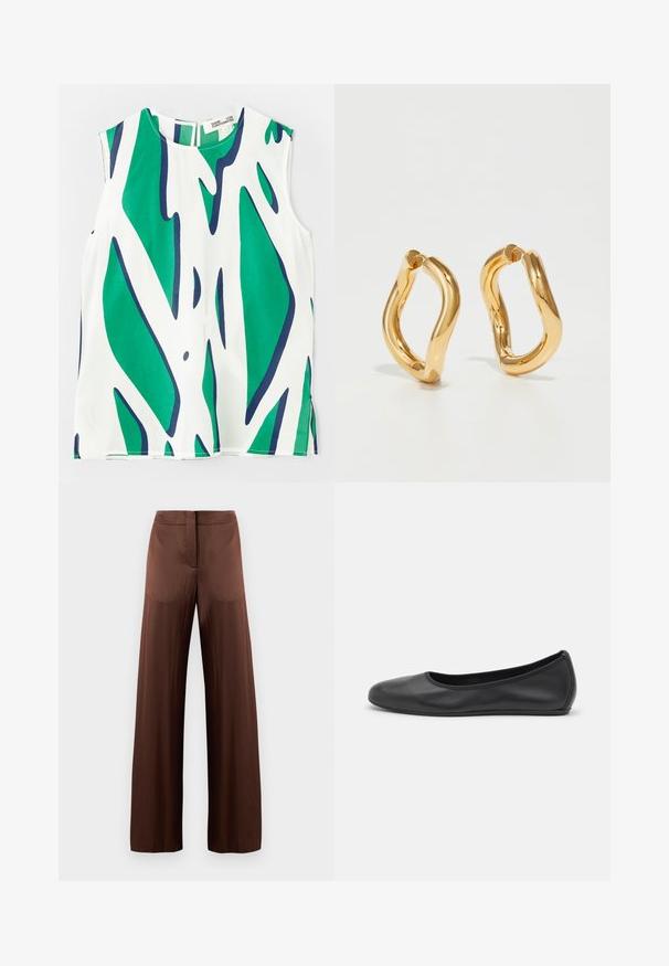 Varrukateta topp kerge kangast, millel on julge roheline ja mereväe sinine abstraktne muster valge tausta peal. Ümar kaelus ning lukuga selg.; Pruunid laiad püksid, mis on valmistatud siledast ja kergest kangast, laia esiosa, ilma taskuteta ja otsejooneliselt disainitud.; Musthave mustika tantsutossud mustast nahast, ümmarguse varbaga, siledast tekstuurist, minimaalse õmblusdetailiga ja paindliku tallakujundusega.; Kuldse värvusega rõngaskõrvarõngad, millel on kõver, ebaregulaarne kuju ja sile, poleeritud pind. Ei ole nähtavat riistvara ega aktsente.