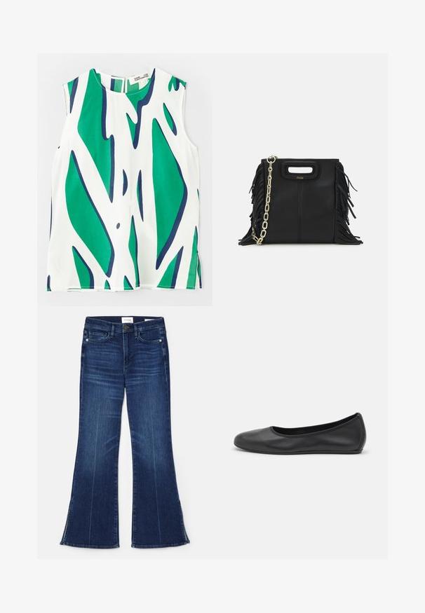 Ærmeløs top i let vævning, med et dristigt grønt og marineblåt abstrakt mønster på en hvid baggrund. Rund halsudskæring med en nøglehul-åbning bagpå.; Mørkeblå flagrende jeans lavet af denim. Har høj talje, forlommer og splitdetaljer i kanten. Klassisk fem-lomme design.; Sort læderballetsko med rund tå, glat tekstur, minimal syning og et fleksibelt såldesign.; Sort læder skuldertaske med frynse-detaljer, guldkæde skulderrem og udskåret håndtag. Har logo placeret på forsiden.