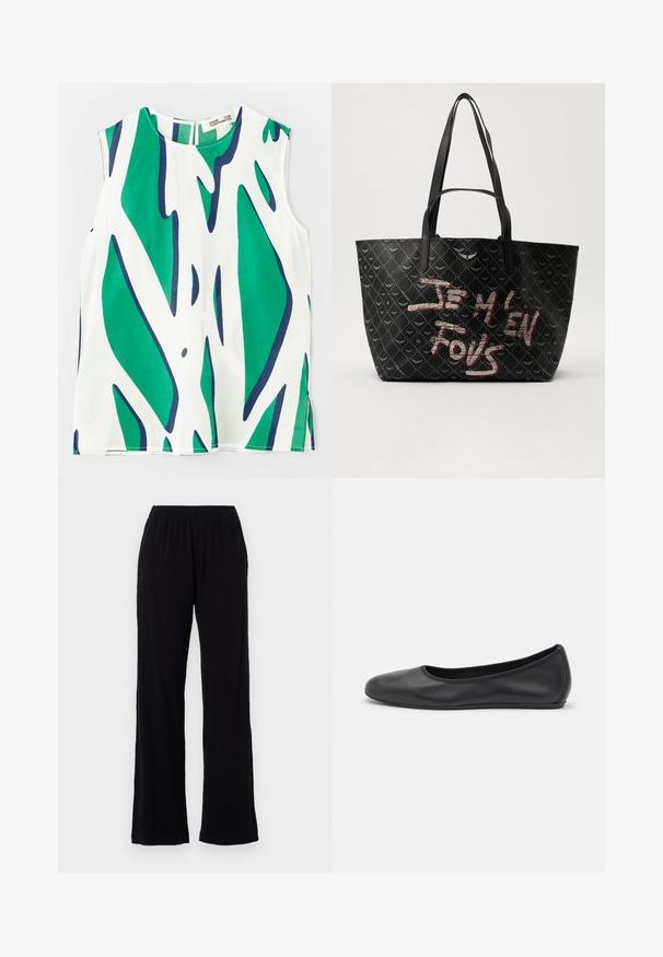 Sleeveless top in lightweight fabric, featuring a bold green and navy abstract pattern on a white background. Round neckline with a keyhole back.; Black, lightweight, elastic waist pants with a straight leg design. Soft texture with no visible patterns or accents. Simple and versatile style.; Black leather ballet flat with a rounded toe, smooth texture, minimal stitching detail, and a flexible sole design.; Black tote bag with textured material featuring a diamond pattern, shoulder straps, and bold red and white text reading “JE M'EN FOUS.”