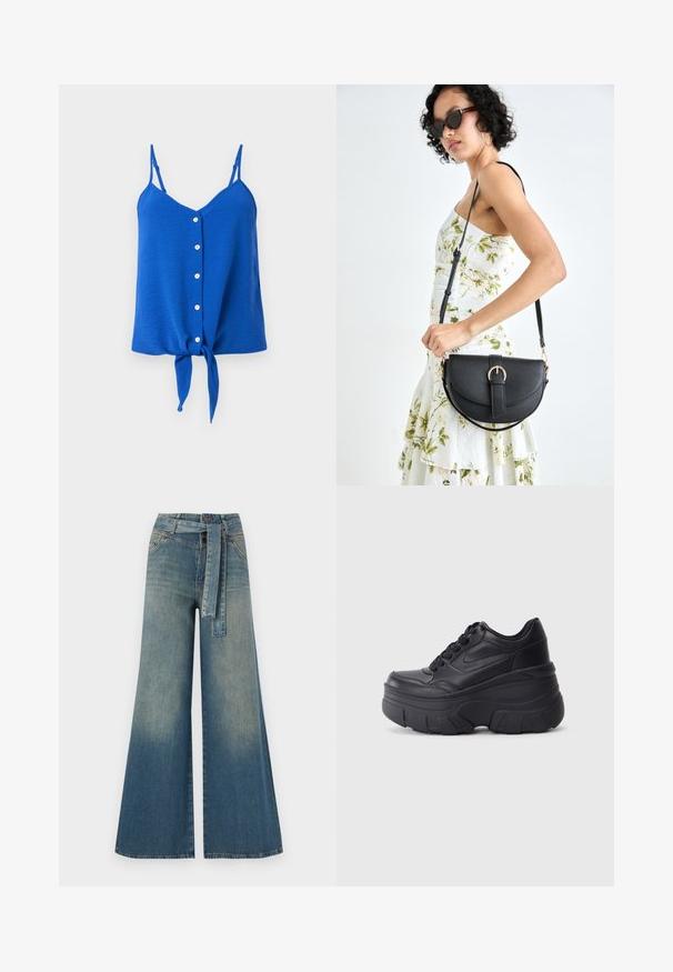 Modra brezrokavnik z V-izrezom, šestimi belimi gumbi spredaj in zavezanjem na robu. Tekstilirana tkanina s tankimi naramnicami.; Široke jeans hlače z gradientom od svetlo do temno modre, visokim pasom, zankami za pas in pasom iz istega materiala. Tekstura denim končnica.; Črne vezalke čevlji s debelim podplatom, z gladkim usnjem na vrhu, okroglo konico in izrazitim plastastim oblikovanjem podplata.; Črna usnjena torbica s ukrivljeno obliko, z odstranljivo naramnico in zlatimi dodatki. Torbica ima pokrov s podrobnostmi v obliki zaponke.