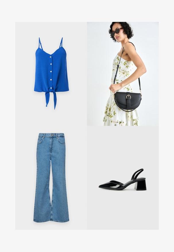 Blauwe mouwloze top met een v-hals, zes witte knopen aan de voorkant en een gestrikte knoop aan de onderkant. Getextureerde stof met dunne bandjes.; Lichtblauwe flared jeans van denim, met een hoge taille, vijf zakken en een enkele knoopsluiting. Zachte textuur met een vervaagde afwerking.; Zwarte gepatineerde leren slingback hakken met een spitse neus en een geometrische blokhak. Kenmerkt zich door een slank, minimalistisch ontwerp en een gladde textuur.; Zwarte leren handtas met een gebogen vorm, afneembare schouderband en gouden hardware. De tas heeft een klep met een gespsluiting.