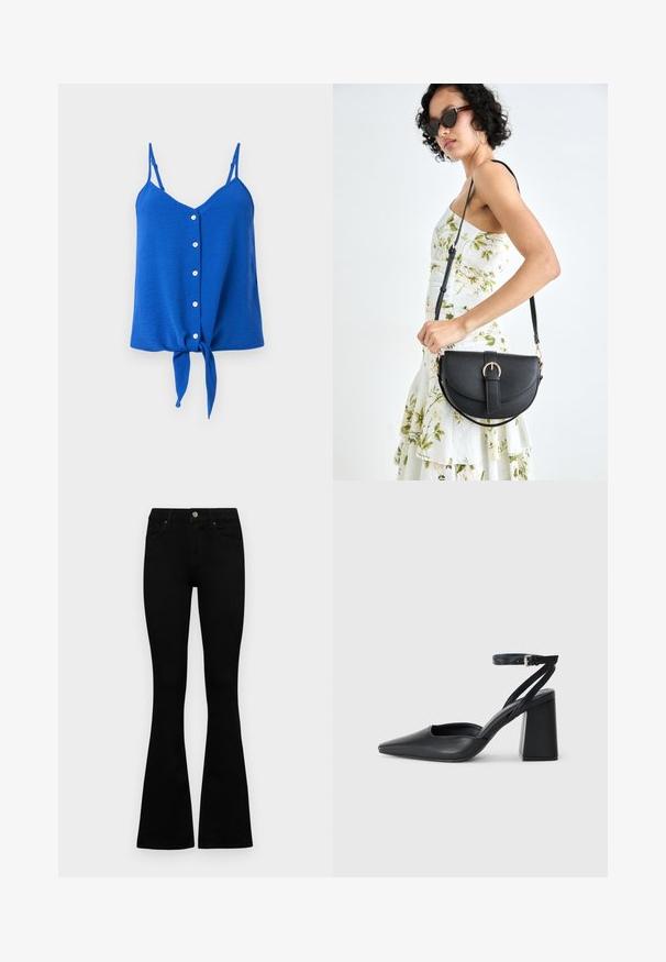 Blå ermeløs topp med v-hals, seks hvite knapper foran og en knytning nederst. Strukturert stoff med tynne stropper.; Sorte høytlivsjeans med knapp og glidelås, frontlommer og utsvingte bein liggende flatt på en hvit bakgrunn.; Svart lær pumps med spiss tå, ankelrem og kraftig hæl. Flat tekstur, strømlinjeformet design og minimalisme.; Svart lærveske med en buet form, avtagbar stropp og gullbeslag. Vesken har et klaff med spenne-detall.