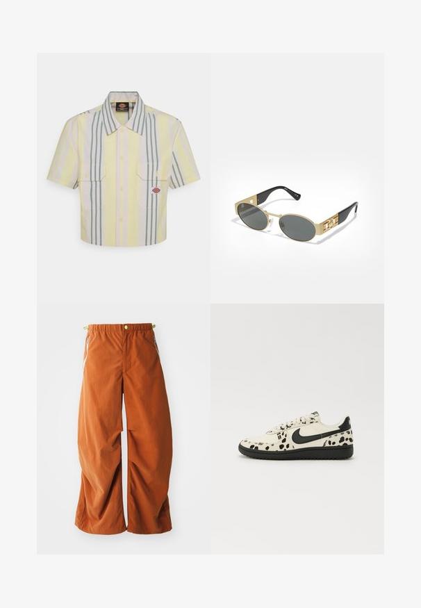 Camicia a maniche corte tagliata in giallo chiaro con strisce verticali verdi e pastello. Presenta due tasche sul petto e una toppa con logo sulla tasca sinistra.; Pantaloni arancioni a gamba larga con vita elastica, tasche laterali con zip e un tessuto morbido e testurizzato, progettati per comfort e mobilità.; Sneaker bianca con motivo a macchie nere, logo Nike Swoosh nero, lacci piatti e suola in gomma nera. Design classico a basso profilo.; Occhiali da sole ovali con montatura in metallo dorato e lenti grigie. Presentano bracci in acetato nero con dettagli dorati e logo sui lati.