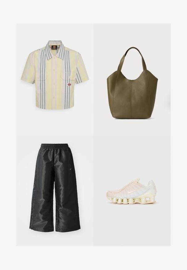 Kraftet kortermet skjorte i lys gul med vertikale grønne og pastellstriper. Har to brystlommer og et logo-patch på venstre lomme.; Svarte treningsbukser med en blank, glatt stoff, som har et elastisk liv, vide ben og en liten logo på venstre side.; Nike-sko med et gjennomsiktig overdel i myke pastellfarger, teksturerte paneler og en karakteristisk polstret såle sammensatt av stablede segmenter.; Olivengrønn skinn totebag med doble stropper, glatt tekstur og firpaneldesign. Forsterket søm langs sømmene for holdbarhet.