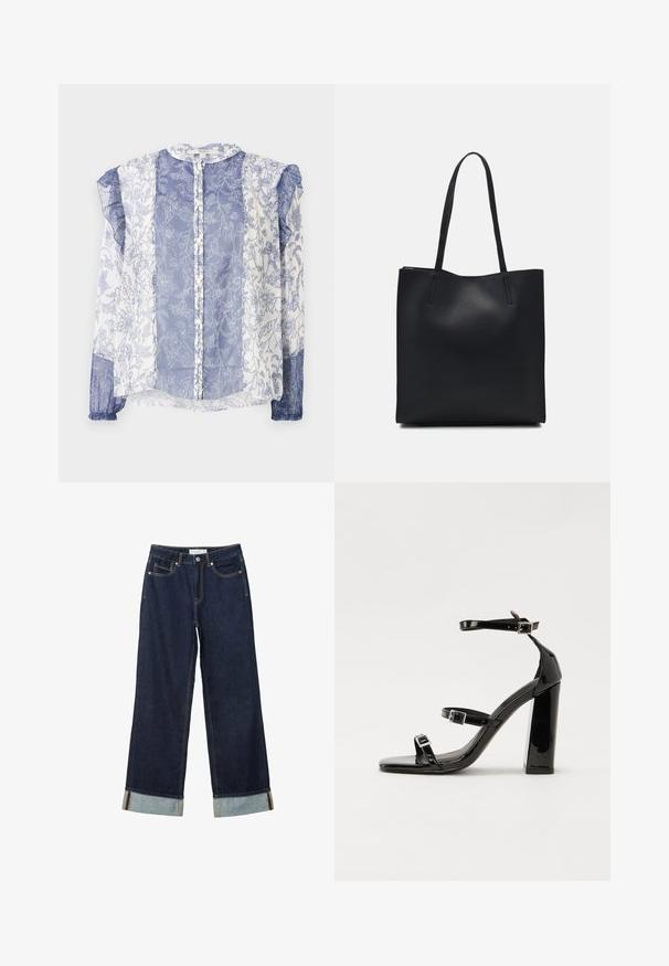 Bluza z vzorom v modrih in belih cvetlicah, prosojna tkanina, gumbasti spredaj, nagubane rokave, okrogli izrez, teksturirana z zapletenimi detajli.; Temno modri široki jeans z visokim pasom, s zavitimi manšetami, kontrastnim šivanjem in dizajnom s petimi žepi. Narejeni iz jeansa.; Črne lakirane sandale s peto, kvadratnim prstom, trakovi okrog gležnja in srebrnimi zaponkami. Opremljene so s stabilno Debelo peto.; Črna usnjena torba s svilnato teksturo, pravokotne oblike in dvema dolgima ročajema. Brez vidnih metalnih delov ali okrasnih elementov.