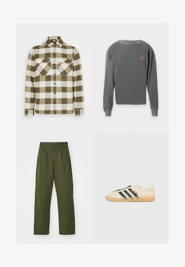 Zaļš un balts šķērsots flaneļa krekls ar apkakli, pogu priekšpusi un divām krūšu kabatām. Raksturīga mīksta, teksturēta auduma virsma.; Pelēks garās piedurknes kruzēns ar ribotu tekstūru, ar mazu kvadrātveida logotipa uzšuvumu kreisajā krūtī un ribotām aprocēm.; Olīvzaļas augstas vidukļa bikses ar taisnu kāju dizainu. Izgatavotas no viegla auduma, ar priekšu krokām un pogu aizdari.; Gaiši krēms sporta apavi ar melnu trīs svītru dizainu, teksturētu augšējo daļu, noapaļotu purngaliem un gumijas zoli. Iespējas ietver auklas un zīmolu sānos.