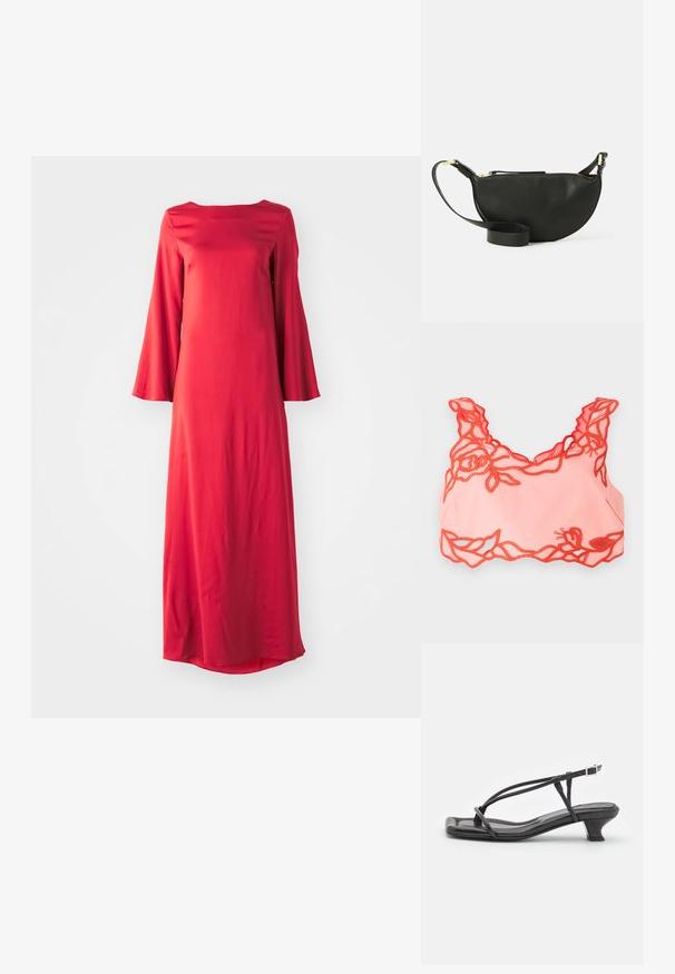 Svetloružová braletka s červeným čipkovým lemovaním po okrajoch a vlnkovanými ramienkami, vyrobená z jemnej látky pre hladký povrch.; Dlhé červené šaty z ľahkej tkaniny s lodičkovým výstrihom a širokými zvonovými rukávmi. Hladká textúra s priamym siluetou.; Čierne kožené sandále s tenkými remienkami, nízkym blokovým opätkom a štvorcovou špičkou. Majú pracku na uzatvorenie a hladký povrch.; Čierna kožená crossbody taška v tvare polmesiaca, s textúrovaným povrchom, zlatým zipsom a plochým popruhom. Kompaktný dizajn vhodný pre nevyhnutnosti.