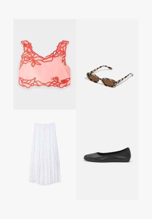 Svetlo roza bralette z rdečim cvetličnim čipkastim robom in valovitimi naramnicami, izdelan iz mehke tkanine za gladek zaključek.; Bela, večerna maksi krila iz lahkega materiala. Ima elastičen pas in tekoč dizajn z mehko, subtilno teksturo.; Črne usnjene balerinke z zaobljenim nosom, gladko teksturo, minimalnimi šivi in fleksibilno zasnovo podplata.; Okulari iz želve s ovalnim lečami, rjavim odtenkom in tankimi vzorčenimi stranmi. Lahka plastična podlaga z diskretnimi zlatimi akcenti.