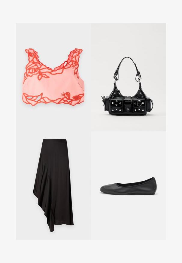 Bralette de color rosa claro con ribete de encaje floral rojo a lo largo de los bordes y tirantes ondulados, confeccionado en una tela suave para un acabado liso.; AERON ASTER SKIRT - Falda de tubo - black; Bailarina de piel negra con punta redondeada, textura suave, detalle de costura minimalista y diseño de suela flexible.; Bolso de mano de cuero negro con un diseño curvado, que cuenta con tachuelas plateadas, una hebilla y dos bolsillos laterales. Correa ajustable para opciones de transporte.