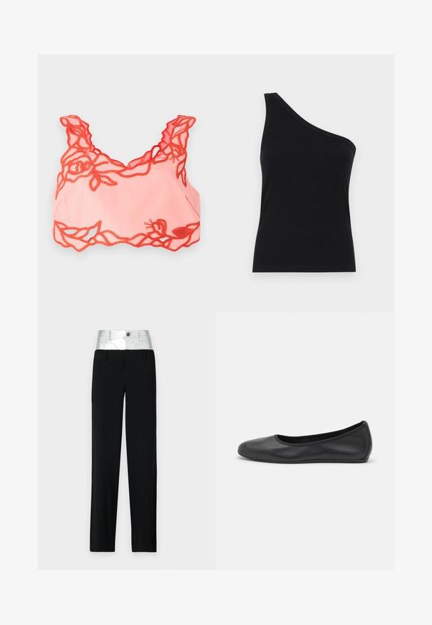 Light pink bralette featuring red floral lace trim along the edges and scalloped straps, crafted from soft fabric for a smooth finish.; One-shoulder black ribbed tank top with a fitted design and soft texture. Features a clean, minimal cut and smooth neckline.; Black trousers with a shiny silver waistband. Features a button closure and four pockets, with a tailored fit and a straight leg design.; Black leather ballet flat with a rounded toe, smooth texture, minimal stitching detail, and a flexible sole design.