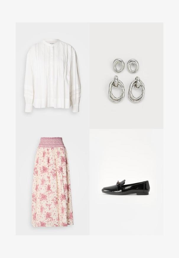 White blouse featuring a round neckline, button closure, and vertical pleats. Long sleeves with a gathered texture, made of lightweight fabric.; Maxi skirt in cream with pink floral and geometric patterns. Features a smocked waist for adjustable fit, made from lightweight fabric.; Black patent leather loafer with a flat sole, rounded toe, and a decorative strap featuring a gold-tone accent. Smooth, shiny finish.; Silver-tone metal earrings featuring two pair designs: a twisted circular hoop and a smooth circular stud. Reflective surface enhances elegance.