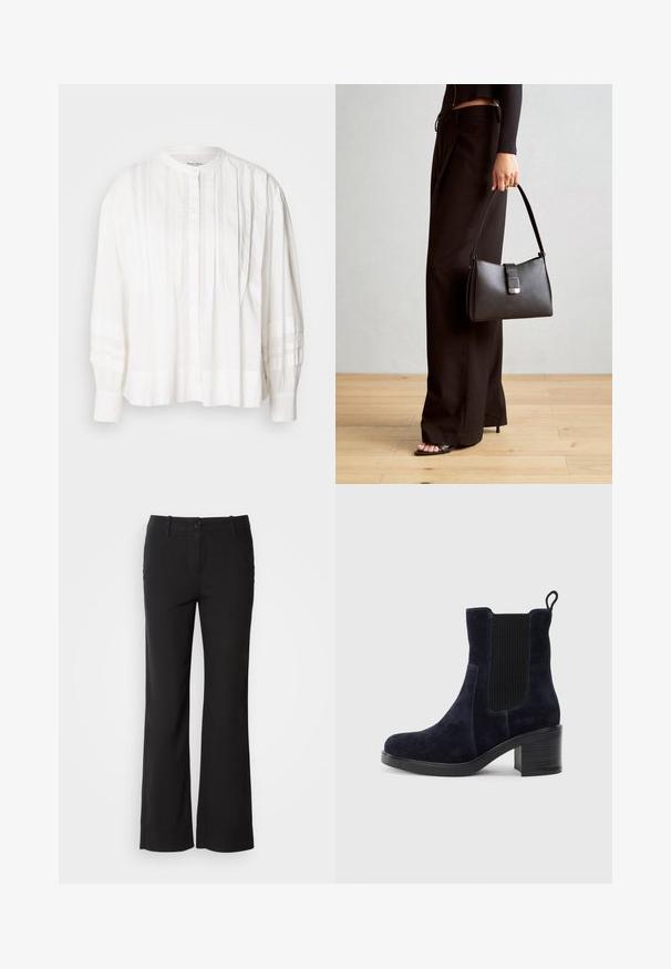 Valge pluus ümarate kaeluse, nööbiga kinnituse ja vertikaalsete voldikutega. Pikad varrukad volangiga, valmistatud kergest kangast.; Mustad puuvillasegu püksid sirge lõikega, ees nupuga kinnitamine ja kaks külge taskut. Sile tekstuur, nähtavaid mustreid ei ole.; Tumedat siniset nahast sääre pooled saapad elastse külgpaneeliga, ümmarguse ninaga ja blokkninaga. Tekstuuriga kangas ja siledad tallad lisavad kontrasti.; Must musta kott, millel on struktureeritud kuju, sile tekstuur ja metallist klamber. Kombineeritud laiate mustade pükstega ja avatud varvaste sandaalidega puidust põrandal.