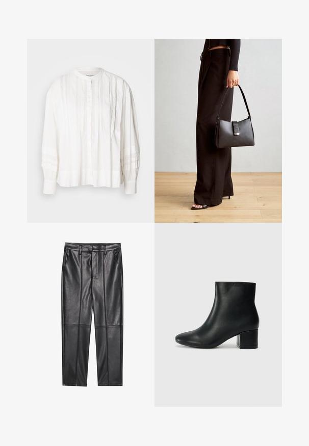 Weiße Bluse mit rundem Halsausschnitt, Knopfleiste und vertikalen Falten. Lange Ärmel mit gerafftem Textur, aus leichtem Stoff.; Schwarze Lederhosen mit glatter Textur, gerader Passform, zwei Fronttaschen und sichtbaren Nahtdetails.; Schwarze Leder-Ankle-Boots mit spitzem Zehenbereich und klobigem Absatz. Glatte Textur mit minimalen Akzenten und einem eleganten, taillierten Design.; Schwarze Handtasche mit strukturierter Form, glatter Textur und einem metallischen Verschluss. Kombiniert mit weiten schwarzen Hosen und offenen Sandalen auf einem Holzboden.