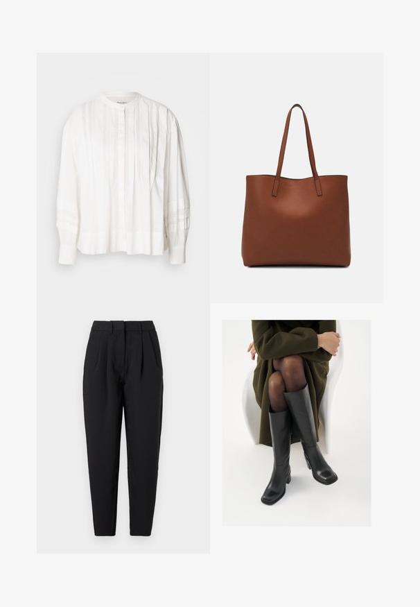 Blusa bianca con scollo rotondo, chiusura a bottoni e pieghe verticali. Maniche lunghe con texture arricciata, realizzata in tessuto leggero.; Pantaloni neri con una vestibilità dritta, caratterizzati da pieghe sul fronte, una texture liscia e tasche laterali. Il girovita ha un'altezza standard.; Stivali neri in pelle alti fino al ginocchio con punta squadrata e tacco a blocco, mostrati con un modello seduto in un cappotto verde oliva. Texture liscia, dettagli minimi.; Borsa tote in pelle marrone con texture liscia, design con apertura superiore e due spallacci. Presenta cuciture minime e nessun hardware visibile.