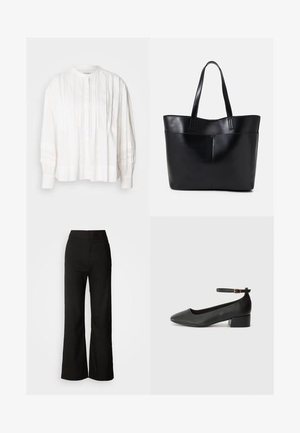 Blusa bianca con scollo rotondo, chiusura a bottoni e pieghe verticali. Maniche lunghe con texture arricciata, realizzata in tessuto leggero.; Pantaloni neri a gamba larga con texture liscia, vita alta e design semplice. Nessuna tasca visibile o decorazioni.; Pump in pelle nera con punta affusolata e tacco basso a blocco. Presenta una cinghia alla caviglia con una fibbia in tonalità oro. Texture liscia.; Borsa a tracolla in pelle nera con due manici lunghi, una texture liscia e una forma strutturata. Presenta una tasca frontale per ulteriore spazio di archiviazione.