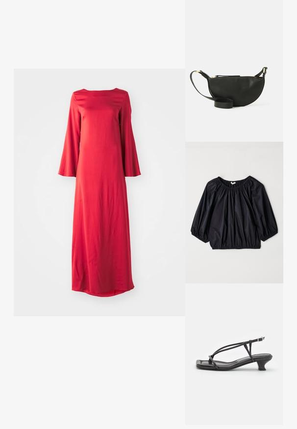 Schwarze, leichte Bluse mit einem elastischen Ausschnitt und Bündchen. Hat eine lockere, ballonartige Form und eine glatte, glänzende Textur.; Langes rotes Kleid aus leichtem Stoff mit einem Bateau-Ausschnitt und weiten Glockenärmeln. Glatte Textur mit gerader Silhouette.; Schwarze Leder-Sandale mit dünnen Riemen, niedrigem Blockabsatz und quadratischer Spitze. Sie verfügt über einen Schnallenverschluss und eine glatte Textur.; Schwarze Leder-Umhängetasche in Halbmondform, mit strukturiertem Oberflächen, goldfarbenem Reißverschluss und flachem Trageriemen. Kompakte Ausführung, die für die wichtigsten Dinge geeignet ist.