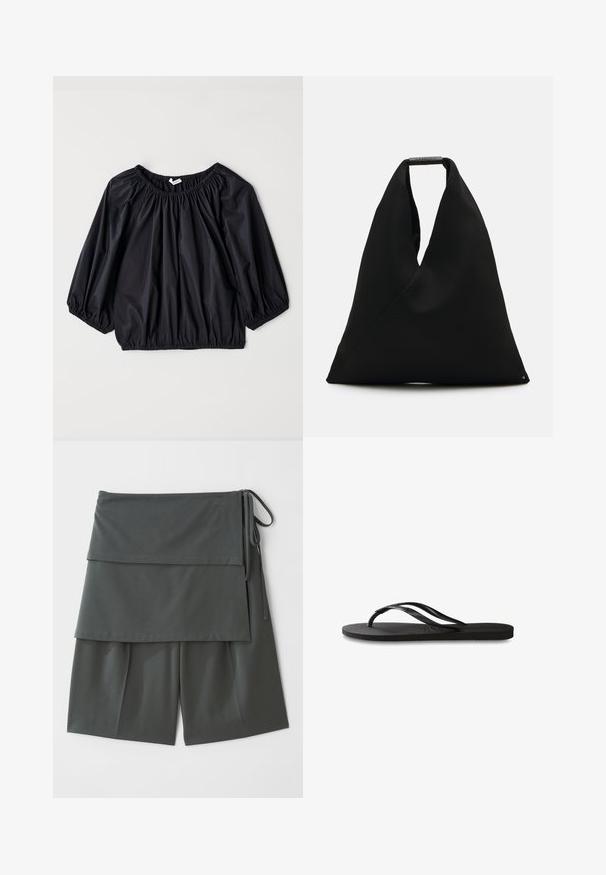 Blusa nera, leggera, con scollatura e polsini elastici. Presenta una forma ampia a palloncino e una texture liscia e lucida.; Top nero senza maniche con spalline sottili, vestibilità ampia e orlo arricciato. Realizzato in tessuto leggero con una texture liscia.; Pantaloni corti unisex grigio scuro con un design a strati, caratterizzati da un pannello superiore e lacci ai lati. Realizzati in un tessuto leggero e morbido.; Infradito neri con suola in gomma testurizzata, due cinghie sottili e un sottile dettaglio del logo impresso sulla cinghia.; Borsa tote in tessuto nero con un design unico a forma di V e una texture liscia. Presenta un manico corto con dettagli hardware minimalisti.