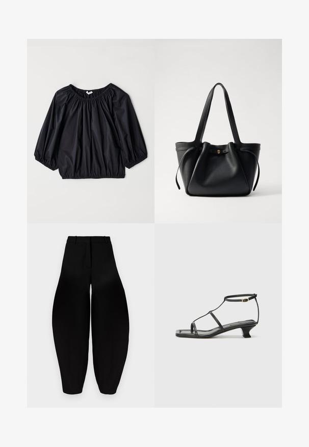 Črna, lahka bluza z elastičnim izrezom in manšetami. Ima ohlapno, balonasto obliko in gladko, sijočo teksturo.; Črne hlače širokega kroja z visokim pasom, nagubanimi sprednjimi deli in zoženimi gležnji. Narejene iz gladkega materiala z mat površino.; Črne usnjene sandale s kvadratnim prstom, tankimi trakovi, nastavljivim trakom okoli gležnja in nizko peto. Imajo majhen zlat akcent na traku.; Črna usnjena torba s dolgima ročajema, z nabranim vrhom in zlatim okroglim dodatkom. Gladka tekstura s minimalističnim oblikovanjem.