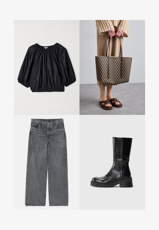 Čierna, ľahká blúzka s elastickým výstrihom a manžetami. Má voľný, balónový strih a hladkú, lesklú textúru.; Džínsy s širokými nohavicami v tmavošedej denimovej farbe. Majú vysoký pás, dizajn s piatimi vreckami a zapínanie na prednej strane na gombík. Hladká textúra s jemným blednutím.; Čierne kožené členkové topánky s blokovým podpätkom, s kontrastným prešívaním a zakriveným dizajnom špičky. Hladká textura, elegantný silueta.; Hnedá vzorovaná taška na rameno s čiernymi rúčkami, vyrobená z odolného materiálu. Nosená s béžovým pleteným svetrom a hnedými sandálmi na remienky.