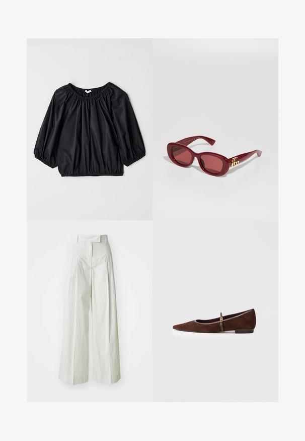 Svart, lätt blus med elastisk halsringning och ärmmuddar. Har en lös, ballongform och en slät, glänsande yta.; Breda byxor i ljusgrön med vertikala vita ränder. Har hög midja, bältesöglor och en slät bomullstextur.; Brun mocka platt sko med spetsig tå, med en tunn rem och guldfärgad detalj. Skomodellen har en låg klack och grå kant.; Röda plastsolglasögon med rektangulära bågar, tonade linser och en gyllene logotypaccent på skalmarna. Slät, glänsande yta.; Brun mockaskåpväska med dubbla handtag, ett knäppstängningsband och en avslappnad, något slapp form.