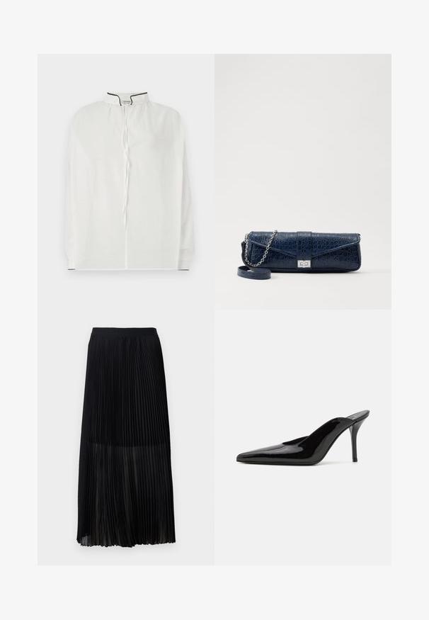 Hvid bluse med høj krave, der har snørelukning og kontrasterende sort piping langs udskæringen og ærmerne. Blødt stof.; Sort plisseret midi-nederdel med en glat, elastisk talje og en transparent overlayer, der har fine lodrette plisseringer i hele stoffet.; Sorte lakerede højhælede mulesko med spids tå og en slank silhuet, der har åben hæl og en slank stilettohæl.; Mørkeblå læder clutch med krokodilleskin, sølv kædesti og metallisk lukning. Firkantet form med fold-over design.